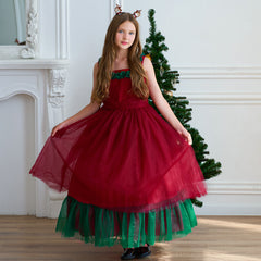 Girls' Fashionable Simple Red And Green Christmas Dress Puffy Wedding Dress