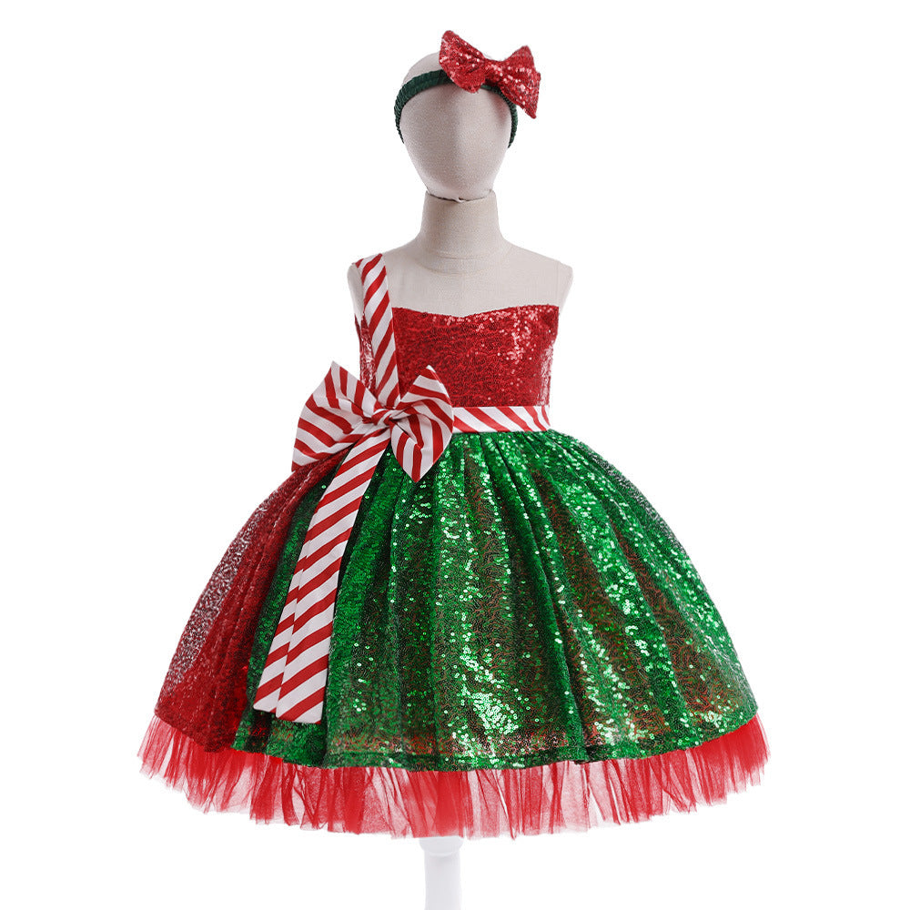 Girls' Fashion Bowknot Sequined Christmas Dress